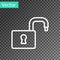 White line Open padlock icon isolated on transparent background. Opened lock sign. Cyber security concept. Digital data