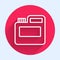 White line Paint, gouache, jar, dye icon isolated with long shadow. Red circle button. Vector