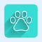 White line Paw print icon isolated with long shadow. Dog or cat paw print. Animal track. Green square button. Vector