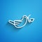 White line Peace dove with olive branch icon isolated on blue background. Happy Easter. Long shadow