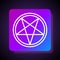 White line Pentagram in a circle icon isolated on black background. Magic occult star symbol. Square color button