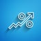 White line Percent up arrow icon isolated on blue background. Increasing percentage sign. Long shadow. Vector