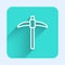 White line Pickaxe icon isolated with long shadow background. Green square button. Vector