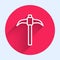 White line Pickaxe icon isolated with long shadow. Red circle button. Vector