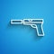 White line Pistol or gun with silencer icon isolated on blue background. Long shadow