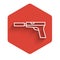 White line Pistol or gun with silencer icon isolated with long shadow. Red hexagon button. Vector Illustration.