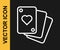 White line Playing cards icon isolated on black background. Casino gambling. Vector