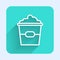 White line Popcorn in cardboard box icon isolated with long shadow. Popcorn bucket box. Green square button. Vector