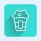 White line Popcorn in cardboard box icon isolated with long shadow. Popcorn bucket box. Green square button. Vector