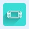 White line Portable video game console icon isolated with long shadow. Gamepad sign. Gaming concept. Green square button