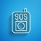 White line Press the SOS button icon isolated on blue background. Long shadow. Vector