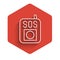 White line Press the SOS button icon isolated with long shadow. Red hexagon button. Vector