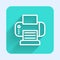White line Printer icon isolated with long shadow. Green square button. Vector