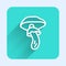 White line Psilocybin mushroom icon isolated with long shadow. Psychedelic hallucination. Green square button. Vector