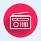 White line Radio with antenna icon isolated with long shadow. Red circle button. Vector Illustration