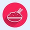 White line Rice in a bowl with chopstick icon isolated with long shadow. Traditional Asian food. Red circle button