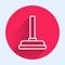 White line Rubber plunger with wooden handle for pipe cleaning icon isolated with long shadow. Toilet plunger. Red