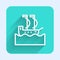 White line Sailboat or sailing ship icon isolated with long shadow. Sail boat marine cruise travel. Green square button