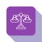 White line Scales of justice icon isolated on white background. Court of law symbol. Balance scale sign. Purple square