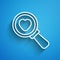 White line Search heart and love icon isolated on blue background. Magnifying glass with heart inside. Long shadow