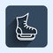 White line Skates icon isolated with long shadow background. Ice skate shoes icon. Sport boots with blades. Blue square