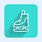 White line Skates icon isolated with long shadow. Ice skate shoes icon. Sport boots with blades. Green square button