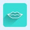 White line Smiling lips icon isolated with long shadow. Smile symbol. Green square button. Vector