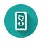 White line Spread the word, megaphone on mobile phone icon isolated with long shadow. Green circle button. Vector