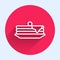 White line Stack of pancakes icon isolated with long shadow. Baking with syrup and cherry. Breakfast concept. Red circle