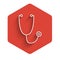 White line Stethoscope medical instrument icon isolated with long shadow. Red hexagon button. Vector