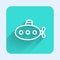 White line Submarine toy icon isolated with long shadow. Green square button. Vector