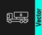 White line Tanker truck icon isolated on black background. Petroleum tanker, petrol truck, cistern, oil trailer. Vector