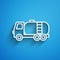 White line Tanker truck icon isolated on blue background. Petroleum tanker, petrol truck, cistern, oil trailer. Long