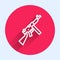 White line Thompson tommy submachine gun icon isolated with long shadow. American submachine gun. Red circle button