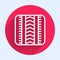 White line Tire track icon isolated with long shadow. Red circle button. Vector