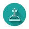 White line Tombstone with cross icon isolated with long shadow. Grave icon. Green circle button. Vector Illustration.