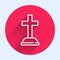 White line Tombstone with cross icon isolated with long shadow. Grave icon. Red circle button. Vector