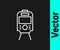 White line Tram and railway icon isolated on black background. Public transportation symbol. Vector