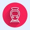 White line Tram and railway icon isolated with long shadow background. Public transportation symbol. Red circle button