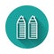 White line Two tall residential towers in the Dnipro city icon isolated with long shadow. Green circle button. Vector