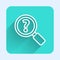 White line Unknown search icon isolated with long shadow. Magnifying glass and question mark. Green square button