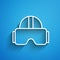 White line Virtual reality glasses icon isolated on blue background. Stereoscopic 3d vr mask. Long shadow