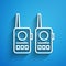 White line Walkie talkie icon isolated on blue background. Portable radio transmitter icon. Radio transceiver sign. Long