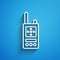 White line Walkie talkie icon isolated on blue background. Portable radio transmitter icon. Radio transceiver sign. Long