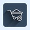 White line Wheelbarrow icon isolated with long shadow background. Tool equipment. Agriculture cart wheel farm. Blue