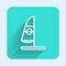 White line Windsurfing icon isolated with long shadow. Green square button. Vector Illustration