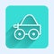 White line Wooden four-wheel cart with hay icon isolated with long shadow. Green square button. Vector