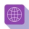 White line Worldwide icon isolated on white background. Pin on globe. Purple square button. Vector Illustration