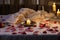 white linen tablecloth with flickering candles and rose petals