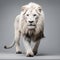 a white lion walking down a gray floor with a serious look on its face